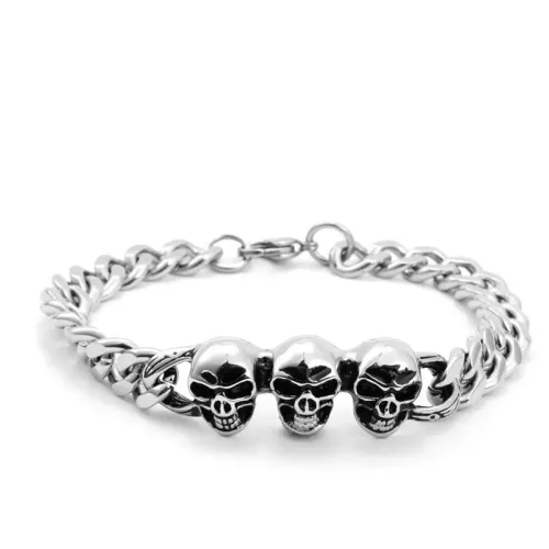 BTM654 Triple Skull Titanium Bracelet Men's Thick Cast Stainless Steel Bangle