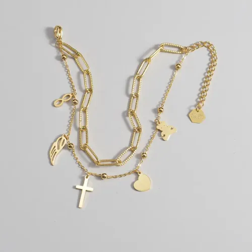 BTM1584 Tassel Bracelet with 14K Gold Cross Pendant Titanium Steel Layering Jewelry for Women