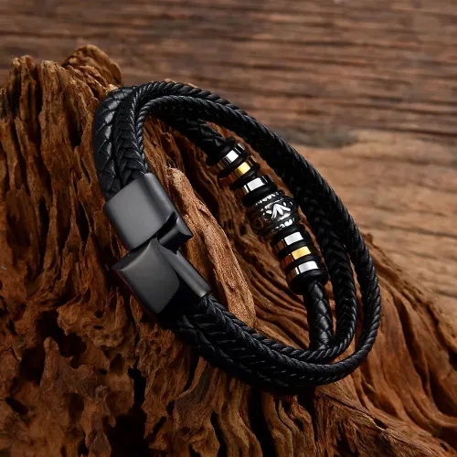 BTM757 DIY Men's Titanium Steel Leather Rope Bracelet Multi-Layer Braided Leather Wristband