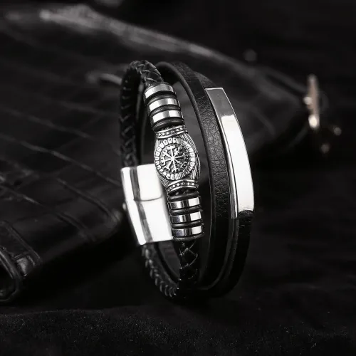 BTM755 Men's Viking Multi-Layer Leather Rope Bracelet with Titanium Steel Compass Magnetic Clasp