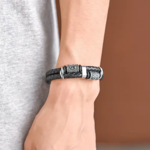 BTM723 Men's Dual-Layer Cowhide Leather Viking Bracelet Stainless Steel DIY Leather Wristband Accessory