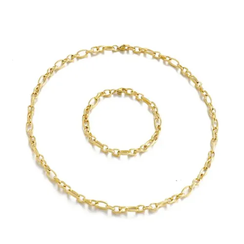 BTM939 Stainless Steel Tri-Link Chain Necklace and Bracelet Set for Women Chic Jewelry Combo