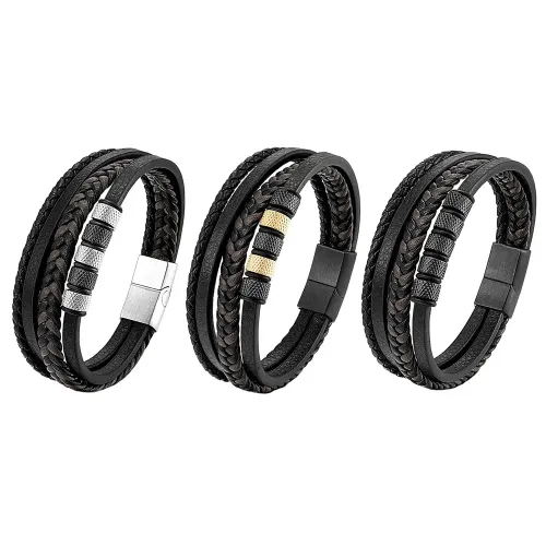 BTM780 Men's DIY Stainless Steel Multi Layer Braided Leather Bracelet