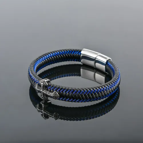BTM785 Men's Cross Pendant Stainless Steel Leather Bracelet Wire-Woven Leather Wristband Jewelry