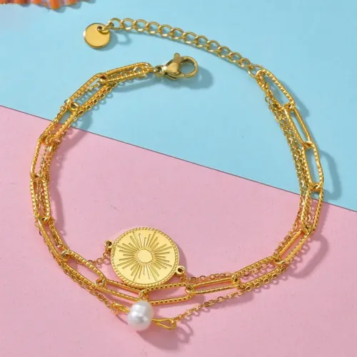 BTM1611 18K Gold Titanium Steel Triple Layer Dark Pattern Pearl Bracelet Luxury Jewelry Accessory