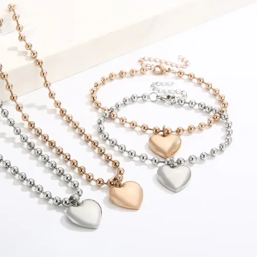 BTM1072 Heart-Shaped Bracelet 18K Gold-Plated Bead Choker Necklace Set for Women Elegant Jewelry Combo