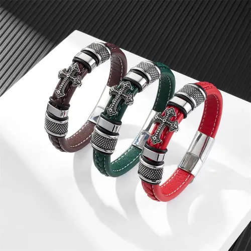 BTM839 Cross Bracelet for Men Stainless Steel Leather Wristband