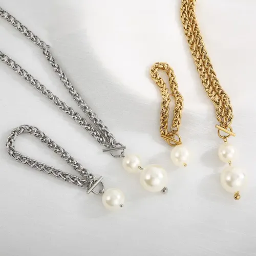 BTM1149 Faux Pearl Necklace Bracelet Set with Stainless Steel Dragon Bone Chain for Women Elegant Jewelry