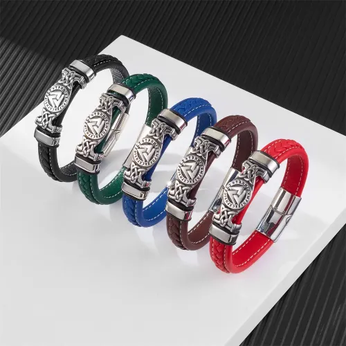 BTM767 Viking Leather Bracelet for Men | Stainless Steel Genuine Leather Wristband Accessory