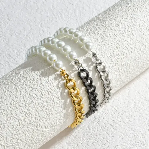 BTM1773 Stainless Steel Cuban Link Punk Pearl Bracelets for Women Trendy Fusion Jewelry