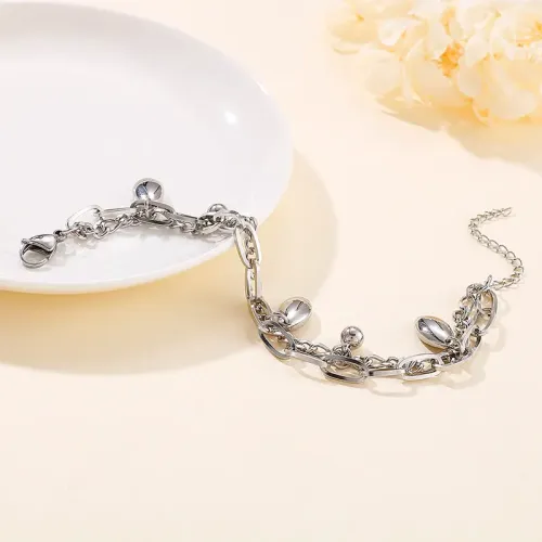 BTM1202 Double Layer Chain with Oval Pendant Titanium Steel Beaded Bracelet for Women Elegant Accessory