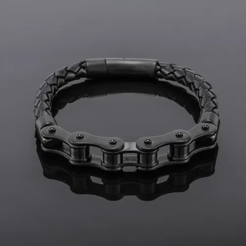 BTM846 Genuine Leather Bracelet with Bike Chain Design Men's Leather Wristband