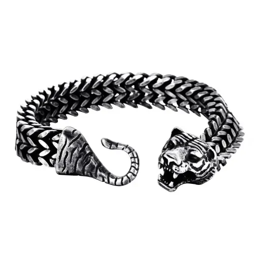 BTM667 Titanium Steel Hook Bracelet Punk Bangle with Chunky Stainless Steel Cast Tiger Wristband