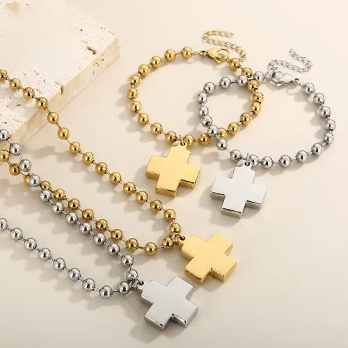 BTM1128 Hip Hop Bold 18K Gold Cross Pendant Titanium Steel Necklace Bracelet for Women Trendy Jewelry