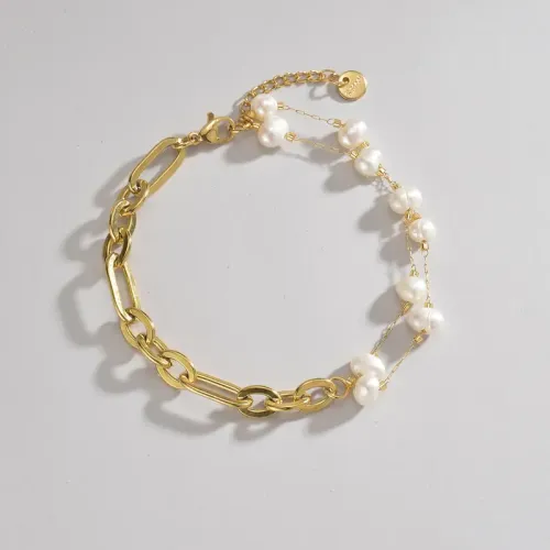 BTM1600 14K Gold Double-Layered Pearl Bracelet for Women Stainless Steel Fine Jewelry