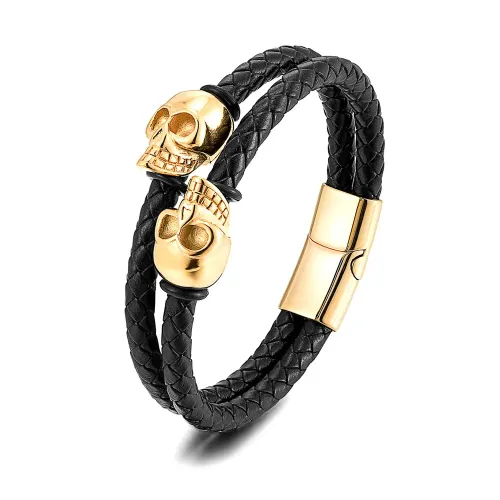 BTM819 Custom Skull Leather Bracelet Diamond-Encrusted Stainless Steel Skull Woven Leather Jewelry