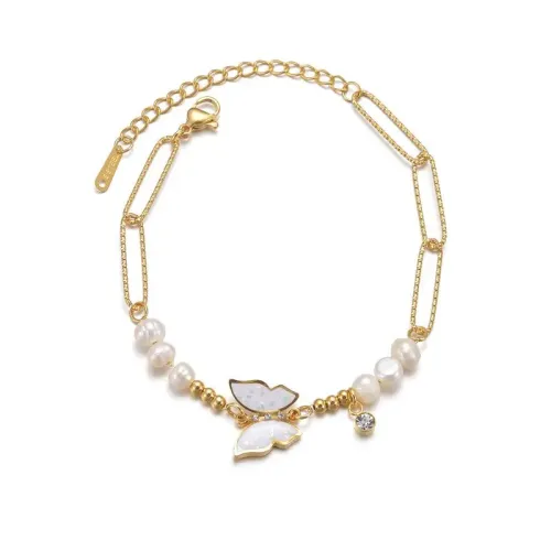 BTM1595 14K Gold Butterfly Pendant Pearl Bracelet Titanium Steel Women's Jewelry