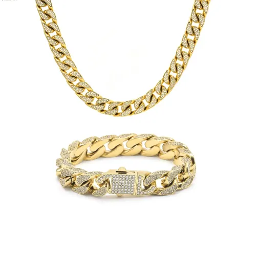 BTM1405 13MM Full Diamond Stainless Steel Cuban Link Bracelet Titanium Encrusted Men's Jewelry