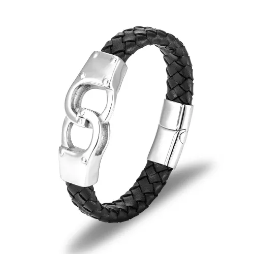 BTM791 Men's Wide Leather Woven Stainless Steel Cord Bracelet Cowhide Magnetic Clasp Accessory