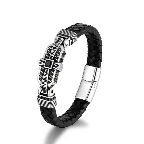 BTM852 Men's Genuine Leather Bracelet with Stainless Steel Cross Stylish Accessory