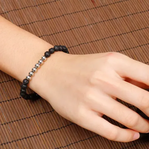 BTM1000 Black Volcanic Stone Bead Bracelet with Steel Accents Modern Men's Jewelry