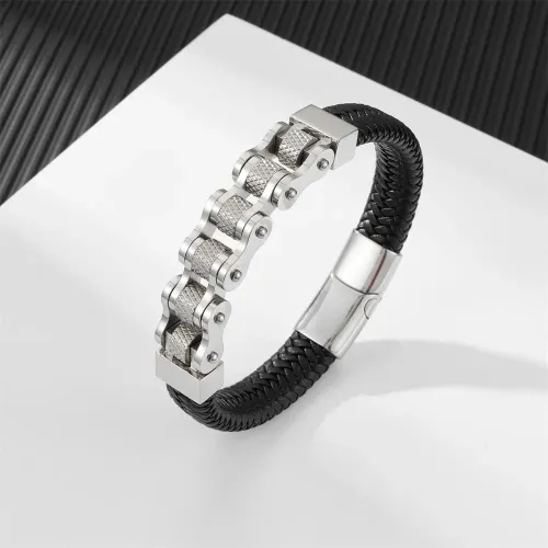 BTM856 Men's Hip-Hop Bicycle Chain Stainless Steel Leather Bracelet Punk Titanium Biker Woven Wristband