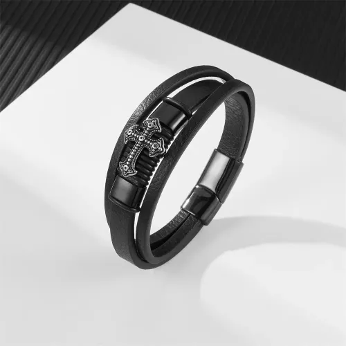 BTM778 Black Cross Leather Bracelet for Men Stylish Cross Charm Leather Cord Wristband
