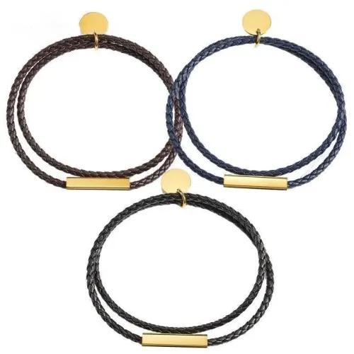 BTM1559 Stainless Steel Double-Layer Braided PU Leather Bracelet Punk Couple's Fashion