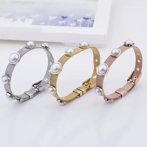 BTM1328 Titanium Steel Pearl Bracelet Electroplated Mesh Design for Elegant Women