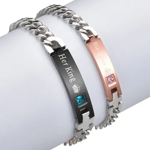BTM1589 His Queen Her King Stainless Steel Bracelets engrave Diamonds Couples' Jewelry