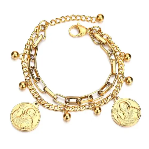 BTM1636 Women's Punk Double Layer Chain Bracelet with Elder Portrait Pendant Edgy Fashion Jewelry