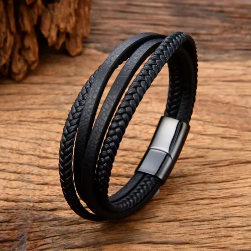BTM734 Men's Multi-Layer Black Leather Hand-Woven Bracelet Stainless Steel Leather Braid
