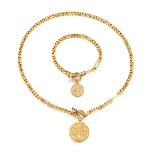 BTM1275 Tree of Life Pendant T-Bar Necklace Bracelet Set Stainless Steel Women's Jewelry