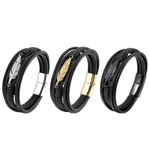 BTM744 Men's Multi-Layer Woven Leather Bracelet Stainless Steel Magnetic Feather Clasp