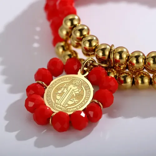 BTM1323 Multi-Layer Red Glass Beads Coin Bracelet in Stainless Steel for Women New Year Jewelry