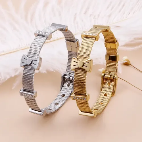 BTM1304 Stainless Steel Watch Chain Bracelet Bow Tie European Charm Heart Lock Jewelry