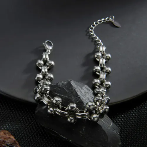 BTM1632 Hip-Hop Stainless Steel Double Bead Oval Link Chain Bracelet for Men Punk Style Jewelry