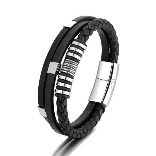 BTM821 Men's Double-Layer Rope Bracelet Magnetic Stainless Steel Clasp Leather Wristband