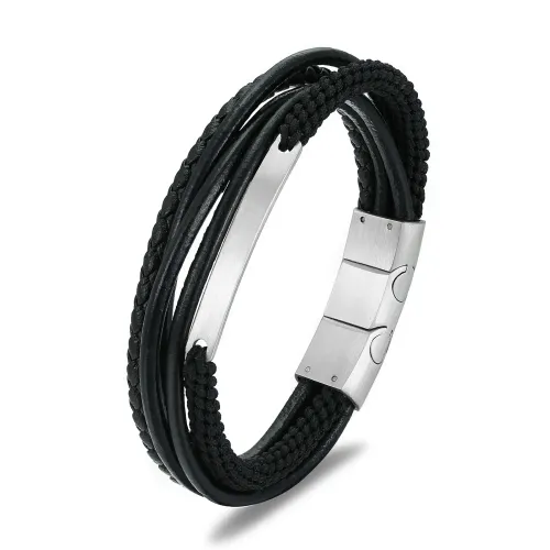 BTM771 Men's Double-Layer Leather Cord Bracelet Titanium Steel Woven Accessory