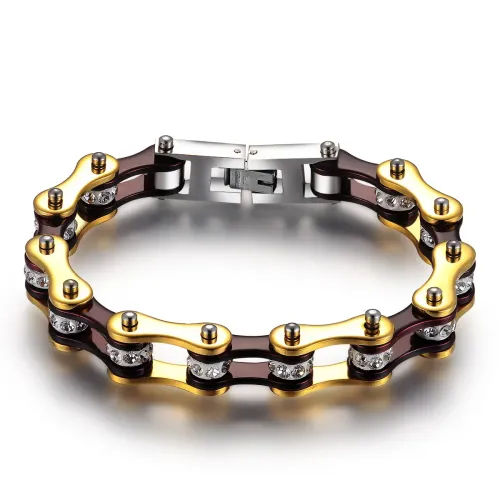 BTM1461 Vacuum Gold-Plated Stainless Steel Bike Chain Bracelet Diamond Titanium Biker Jewelry