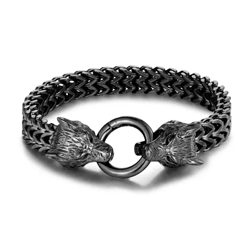BTM876 Viking Dual Wolf Head Bracelet Titanium Steel Hip Hop Skull Bangle