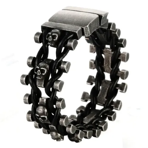 BTM665 Titanium Steel Woven Bracelet Punk Bangle with Stainless Steel Cast Skull Wristband