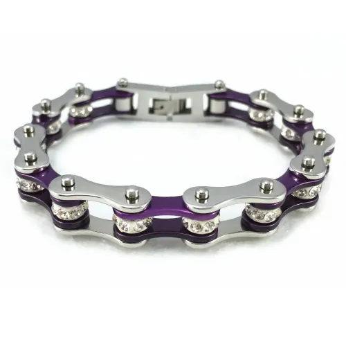 BTM1386 Purple Crystal Stainless Steel Biker Chain with Diamond Titanium Motorcycle Bracelet
