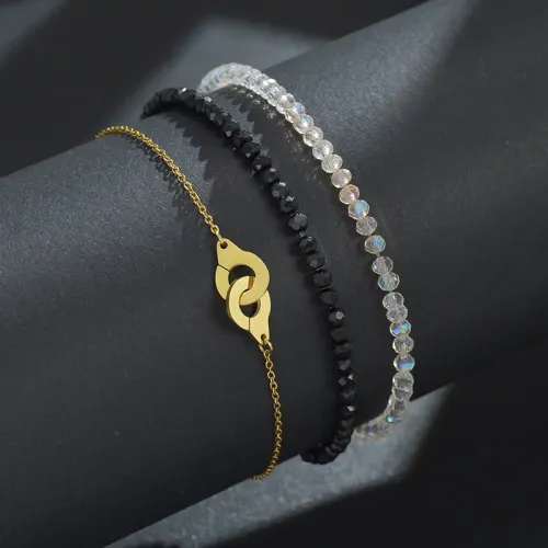 BTM1670 Interlocking Black White Bead Triple-Layer Bracelet for Women Stainless Steel