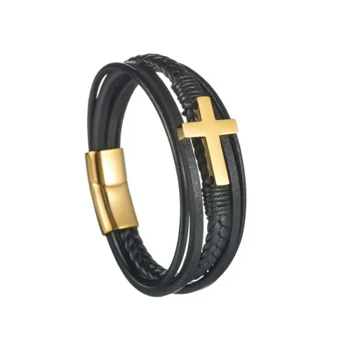 BTM1554 Titanium Cross Multi-Layer Leather Bracelet Punk Couple's Choice Jewelry