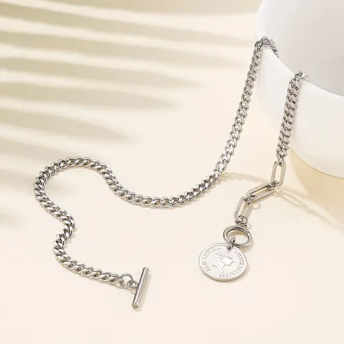 BTM1273 Harajuku Hip Hop Women's Coin Bracelet Necklace Set Stainless Steel Jewelry Combo