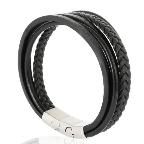 BTM657 Titanium Five-Ring Leather Bracelet Stainless Steel Triple Clasp Woven Wristband