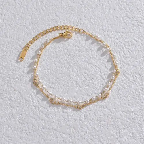 BTM1594 14K Gold Titanium Steel Pearl Bracelet with Star Charm Double Layered Luxury Jewelry for Women