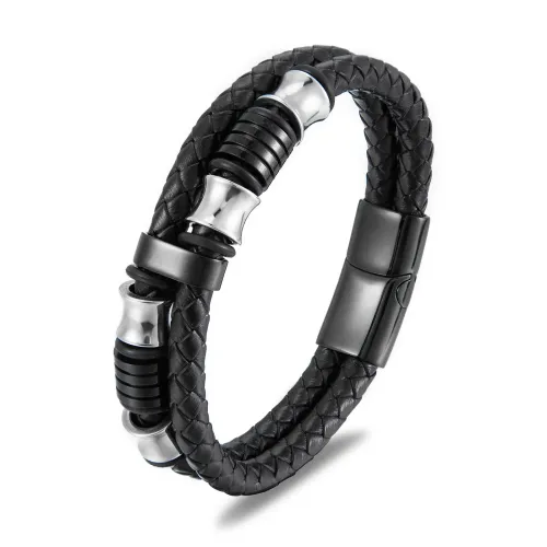 BTM790 Men's Double-Layer Leather Titanium Steel Bracelet Stainless Steel Cord Wristband Finished Product