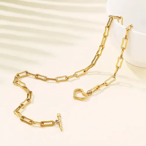 BTM1309 Stainless Steel Paperclip Chain Heart OT Clasp Bracelet Necklace Set for Women Trendy Jewelry